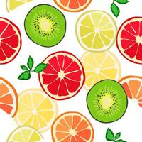 Vector seamless pattern of citruses, lime slices, oranges, lemons, kiwi, grapefruits. Abstract background, wallpaper. Natural organic food illustration, juicy fruits