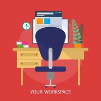 Vector illustration, workplace, work desk with computer