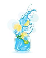 vaso de agua, agua helada, cóctel de frutas, cítricos, ilustración vectorial