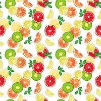 patrón vectorial sin fisuras de cítricos, rodajas de lima, naranjas, limones, kiwi, pomelos. fondo abstracto, papel tapiz. ilustración de alimentos orgánicos naturales, frutas jugosas vector