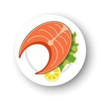 Salmon fish steak on white dish isolated on white background, vector illustration