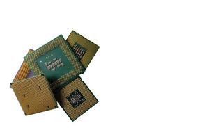 Used old cpu clusters are laid out against a white background in the past they used to be very powerful in the old days but nowadays they are just collectibles and trash for some people. photo
