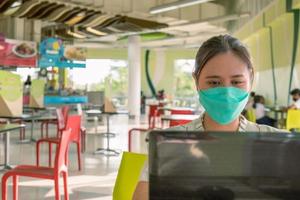 Asian women need to work outside Office at the food court at the shopping center wearing a mask for safety and living a new normal life. photo