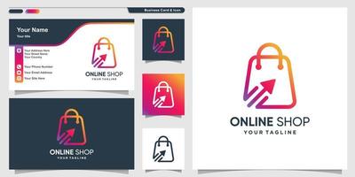 logotipo de tienda en línea con estilo de arte de línea de degradado fresco y plantilla de diseño de tarjeta de visita vector premium