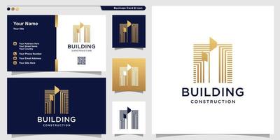 Building logo with golden line art style and business card design template Premium Vector