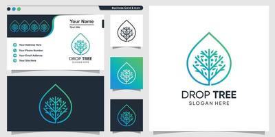 Tree logo with drop line art style and business card design template, nature, drop, gradient Premium Vector