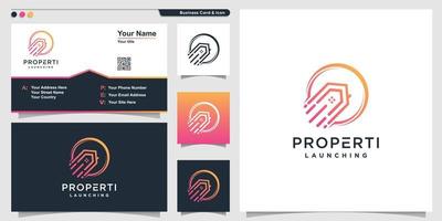 Property logo with rocket element line art style and business card design, modern, gradient, launching, Premium Vector