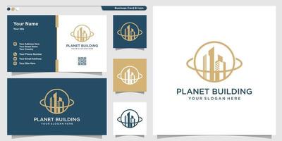 Planet logo with building line art style and business card design template Premium Vector