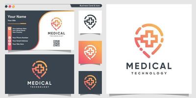 logotipo médico con estilo de arte de línea de tecnología degradada y plantilla de diseño de tarjeta de visita vector premium