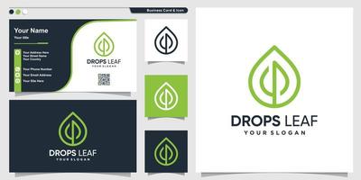 Leaf logo with drop line art style and business card design template Premium Vector