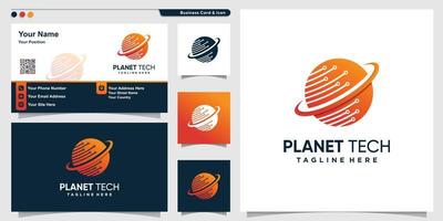 logotipo del planeta con estilo de tecnología degradada y plantilla de diseño de tarjeta de visita vector premium