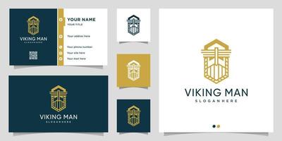 Viking man logo with line art style and business card design template Premium Vector