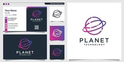 Technology logo with modern line art planet style and business card design template, tech, computer, internet, Premium Vector