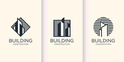 conjunto de colección de logotipos de construcción con estilo de contorno único, construcción, moderno, empresa, vector premium