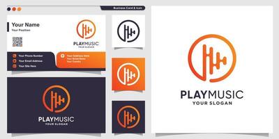 Music logo with gradient play line art style and business card design template Premium Vector