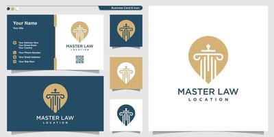 Law logo with pin point location style and business card design, master, law, justice, template, Premium Vector