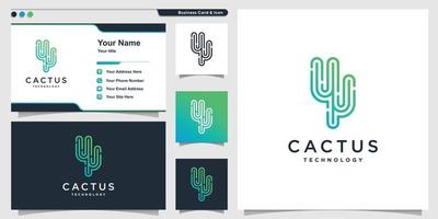 Cactus logo with modern technology line art style and business card design, template, plant, computer, smart Premium Vector