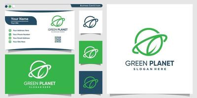 Planet logo with modern green leaf line art style and business card design Premium Vector