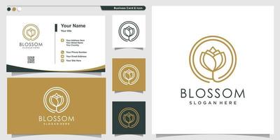 Blossom logo for company with line art style and business card design template Premium Vector