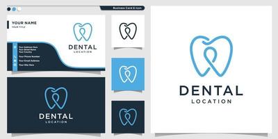 logotipo dental con estilo de arte de línea de ubicación de pin y plantilla de diseño de tarjeta de visita vector premium