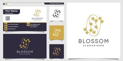 Blossom logo with simple flower line art style and business card design template Premium Vector