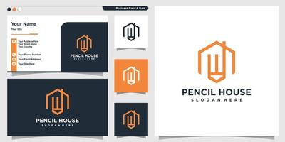 House logo with line art pencil inside style and business card design template Premium Vector