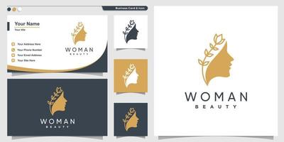 Woman logo with beauty line art style and business card design, vector, flower, modern, Premium Vector