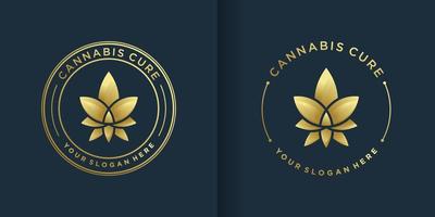 Cannabis logo with golden emblem line art style and business card design Premium Vector