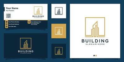 Building logo with modern line art style and business card design template Premium Vector