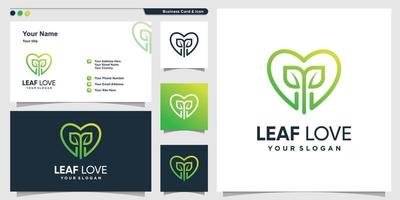 Love logo with leaf inside, line art style and business card design template Premium Vector