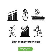 firmar el icono de crecimiento de dinero. gráfico de inversión de puesta en marcha de crecimiento empresarial. conjunto de iconos de vector plano.