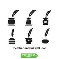 feather and inkwell icon. Feather with ink. Inkwell and feather logo on white background vector