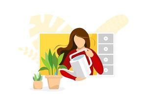 Video blogger woman houseplant care on online media player interface. Female housewife watering plant in pot web streaming. Grow indoor plant live stream tutorial. Influencer broadcast vlogger channel vector