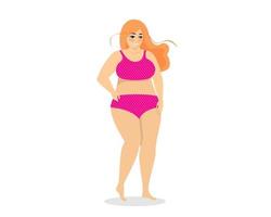 atractiva rubia gordita de pie en traje de baño. mujer de cuerpo de talla grande con sobrepeso en traje de baño. poder de niña adulta gorda con curvas. mujer caucásica feliz bodypositive en ropa interior rosa. ilustración de pasos vectoriales vector