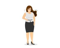 Attractive chubby businesswoman standing in elegant office clothes. Happy business woman overweight plus size body. Curvy fat adult girl. Bodypositive successful female. Vector isolated illustration