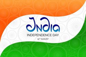 Indian independence day 15th august banner. India country national holiday horizontal flyer. Celebration poster in flag colors with calligraphic inscription and wheel symbols. Vector eps illustration