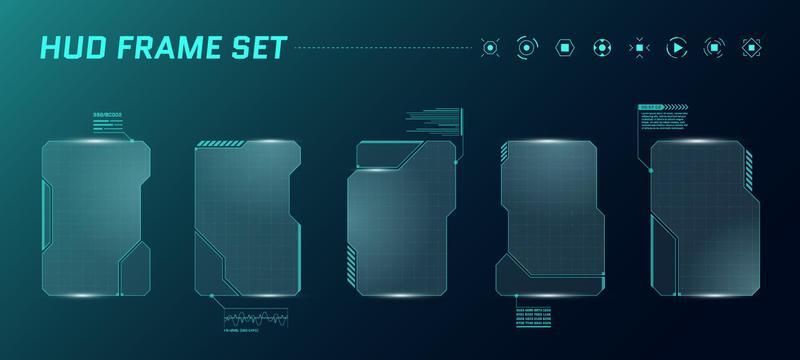 HUD digital futuristic user interface square frame set. Sci Fi high tech screens. Gaming menu touching monitoring dashboard panels. Cyber space head-up display technology information sign concept. Eps