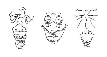 conjunto de bocetos de dibujo de cara de hombre feo. contorno dibujado a mano doodle dibujos animados freak personaje mueca colección. diferentes avatares de retratos de personas locas. vector eps ilustración aislada