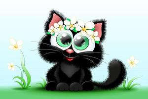 Black Cat with wreath of flowers vector