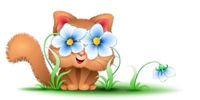 Ginger funny cat sitting outdoor with flowers vector