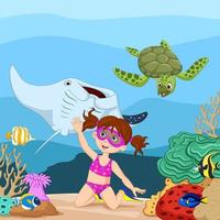 Cartoon little girl diving in underwater tropical sea vector