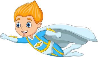 niño superhéroe de dibujos animados volando sobre fondo blanco vector