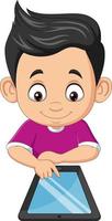 Cartoon happy little boy using tablet vector