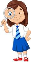 Cute little girl in uniform using magnifying glass vector