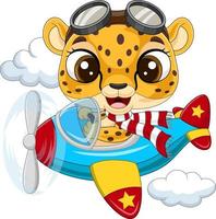 leopardo bebé de dibujos animados operando un avión vector
