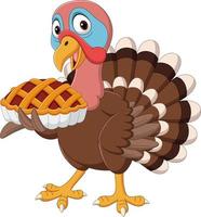 Cartoon turkey holding cake pie vector