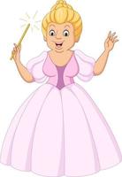 princesa de dibujos animados con vestido rosa sosteniendo una varita mágica vector