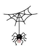 A spider crawls on a web in a cartoon style on a white background. vector