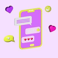 Mobile phone, text messages and emoticons. Communication online. 3d vector illustration