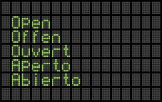 multilingual open sign written in English German French Italian and Spanish on dot matrix display vector